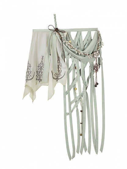 Green Mori Kei Asymmetrical Cutout Prince Cape with Floral Embellishments - Unknown Star