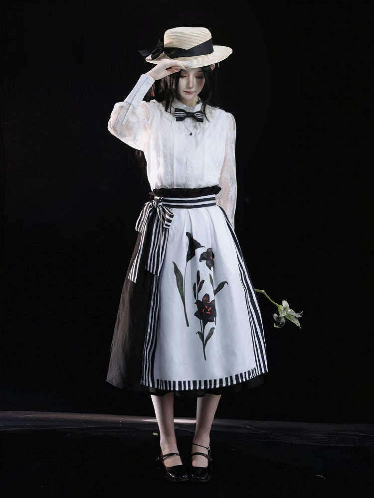 Black Lolita Striped Lily White Midi Elegant Print Skirt and