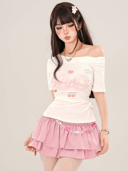 ブラック/ホワイト ルーシュウエスト アシンメトリーネックライン スリムフィット グラフィックTシャツ