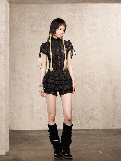 Black Print Fashion Gyaru Waist Leopard Elastic Skort Low-Rise Punk Layers Ruffle with