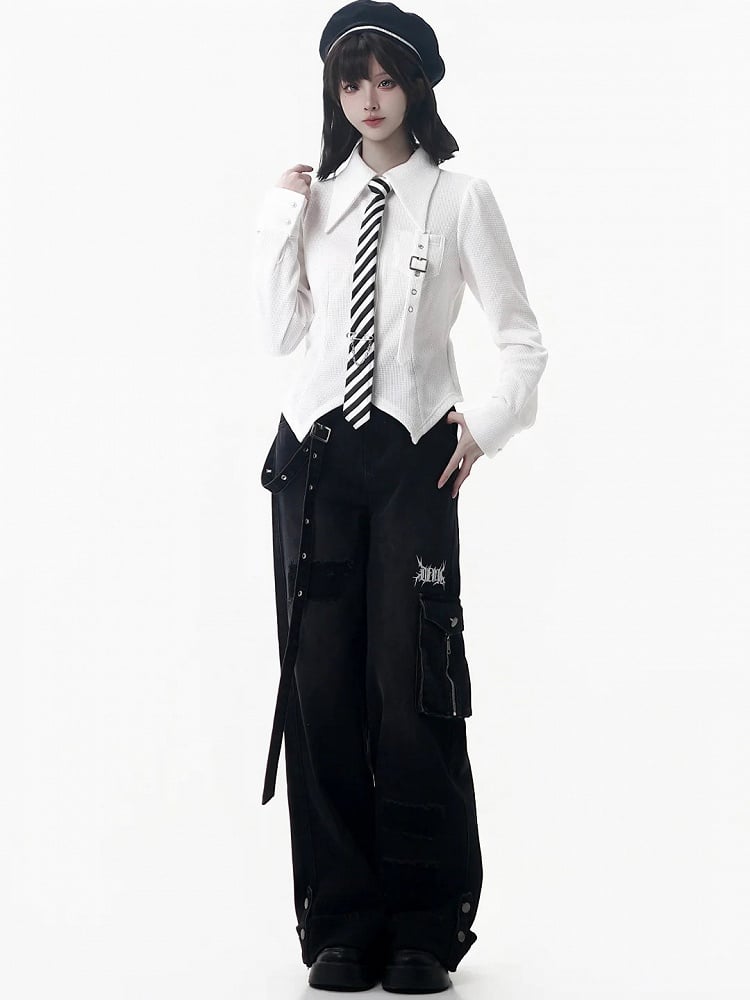 Strap Jeans Cuffs with Straight-Leg Black Rolled and Fixed Buckle