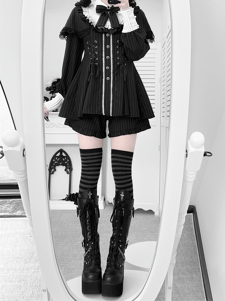 Matching + Bow Shorts Set Design Striped Dress Kei Cape Tie Jirai Black Long-Sleeve Lace-Up