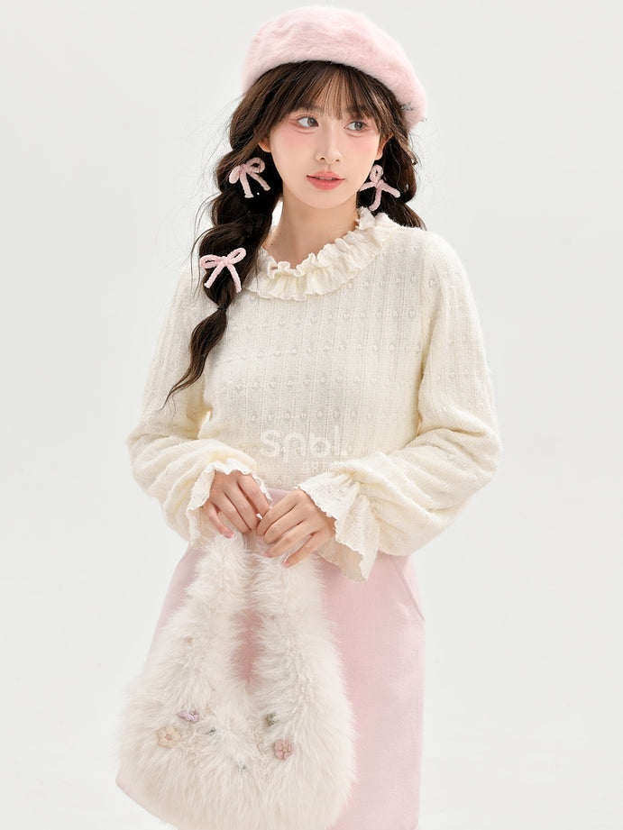 Beige Ruffle Neckline Long-Sleeve Top