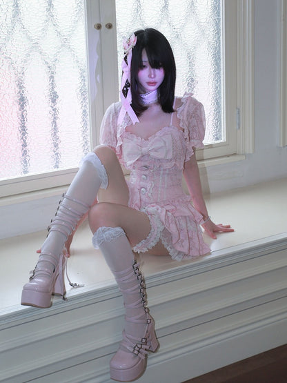 Pink Jacquard Tiered Skirt with Lace and Garter - HBreaker