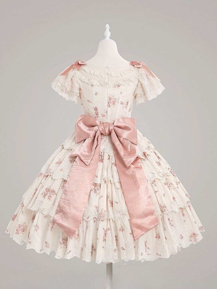 Classic Dresswith Elegant Floral PinkBeige Lolita Print Lace Tiered Bow Accents Ruffle