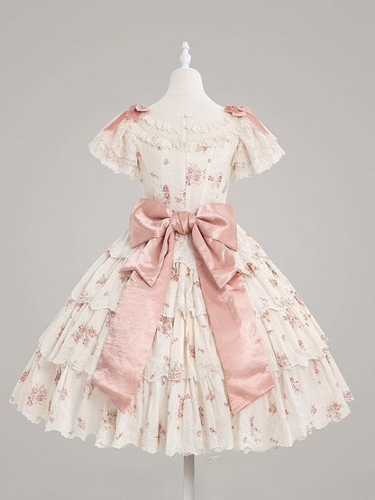 Classic Dresswith Elegant Floral PinkBeige Lolita Print Lace Tiered Bow Accents Ruffle