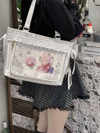 Ruffled Trim Ita Bag Ribbon Bow Large White Capacity Tote