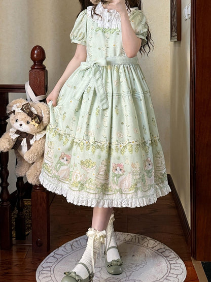 Green Cat Theme Floral Print Lolita Puff Sleeve Dress with Hairband - Dream Island Candy Casket