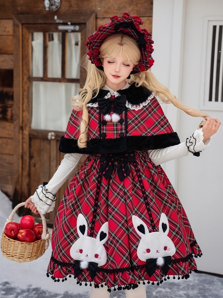 Christmas Red Plaid Cape with Plush Peter Pan Collar and Bow Accent