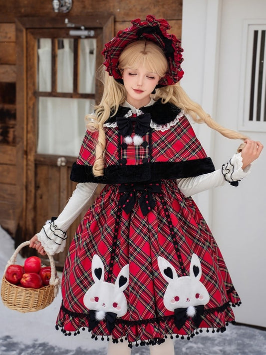 Chirstmas Red Plaid Jumper Skirt with Embroidered Fluffy Bunny Accents