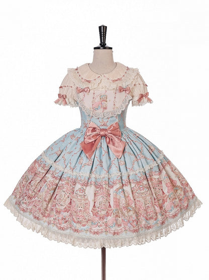 Blue and Pink Sweetheart Doll-Themed Lolita JSK with Toy Bed Print, Bow and Lace Accents - Alice Girl