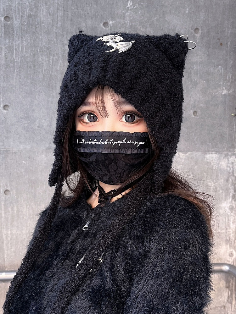 Knit Silver Detail Beanie Punk Devil Cat Y2K Dangling with Black Ties Ear