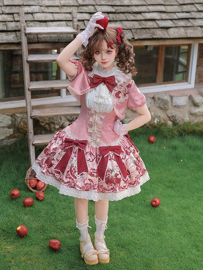 Floral Print & Bowknots Lolita Dress + Bolero Set - Strawberry Fantasy - Unknown Star