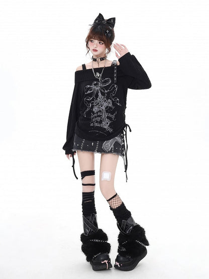 Edgy Bittersweet Black Print Waist Off-Shoulder Top: Drawstring Gray