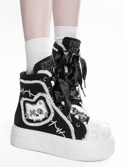 Black Platform Top High Otaku Patches Sneakers Cat - Canvas