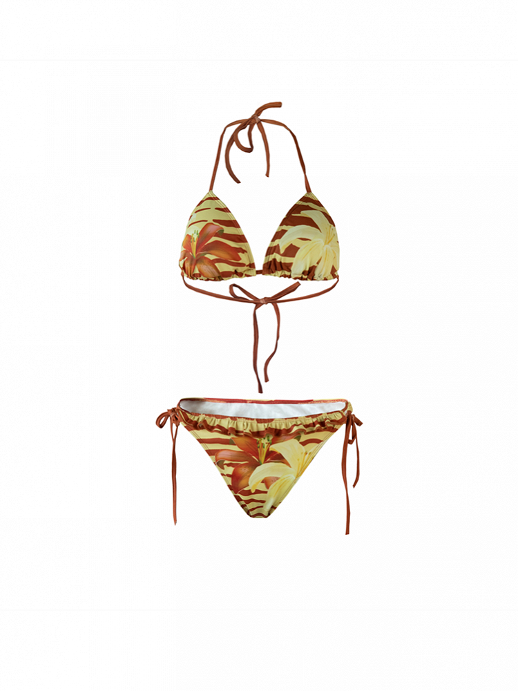 Lilies Bikini with Set Swimsuit Adjustable Ties Maroon Punk Print Yellow