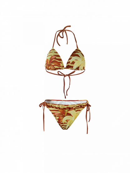 Lilies Bikini with Set Swimsuit Adjustable Ties Maroon Punk Print Yellow