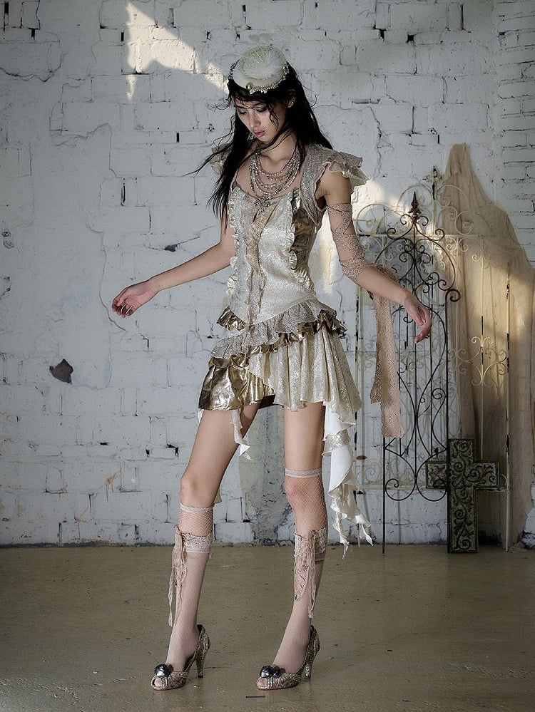 Gold Satin Two-Piece Asymmetrical Dress with Ruffle - NO ROMANCE