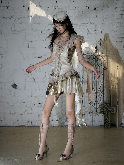 Gold Satin Two-Piece Asymmetrical Dress with Ruffle - NO ROMANCE