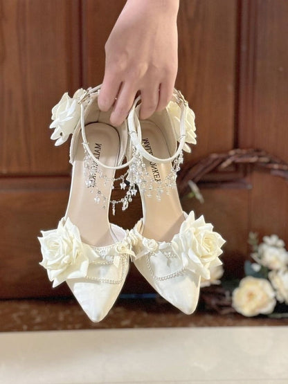 Bridal Rose Theme Lolita Pointed Toe Heels with Detachable Chain - Miaomiao Just for You