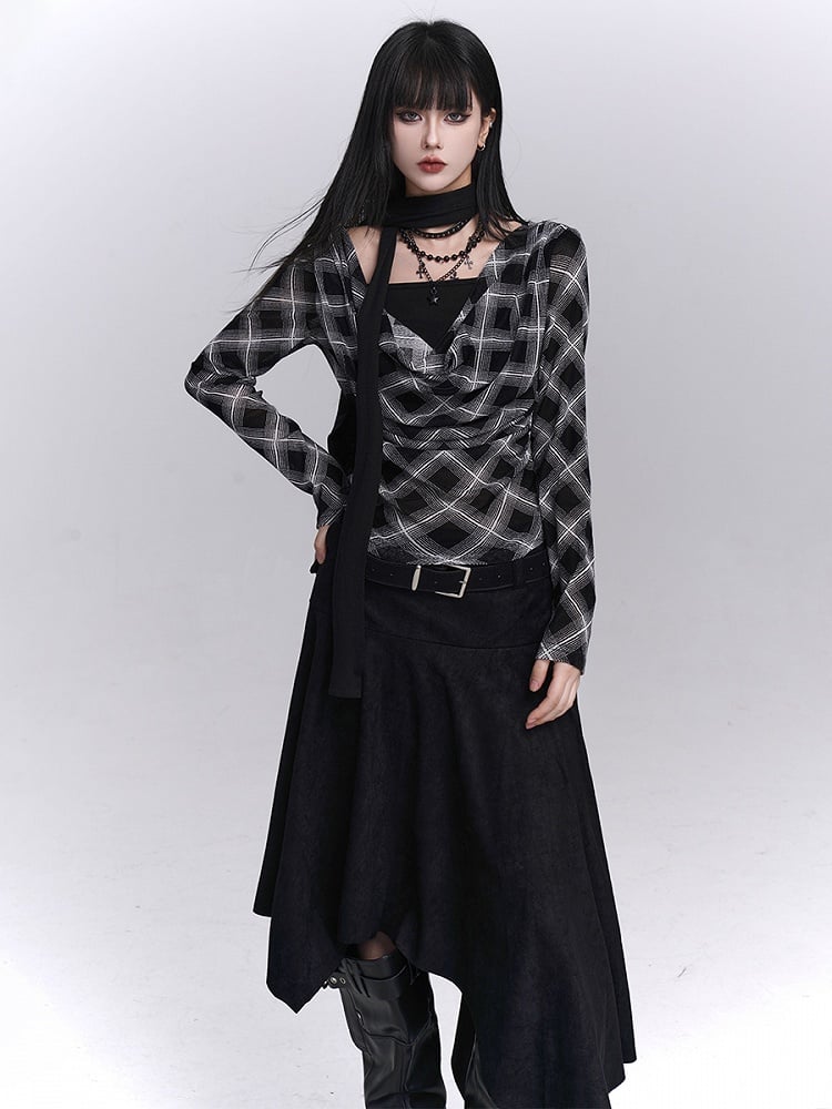 Top Faux Two-Piece Cowl Autumn Black Neck Plaid