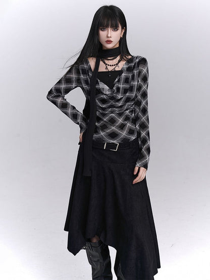 Top Faux Two-Piece Cowl Autumn Black Neck Plaid