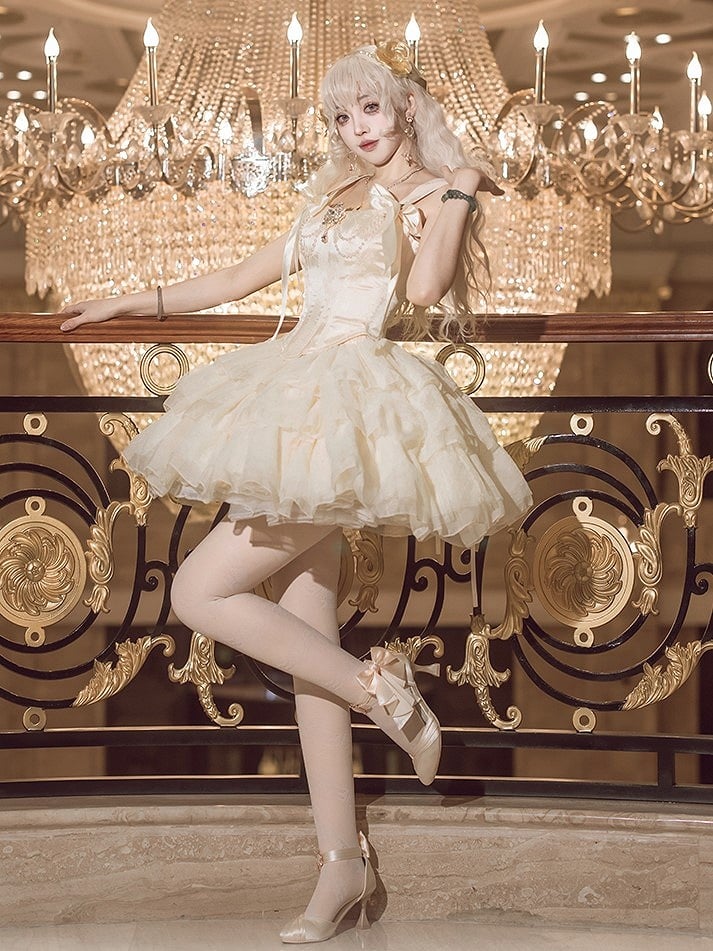 Layered Decorated Skirt Corset Top Rhinestone Tulle Jacquard + Champagne Set