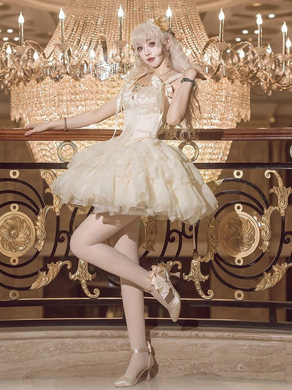 Layered Decorated Skirt Corset Top Rhinestone Tulle Jacquard + Champagne Set