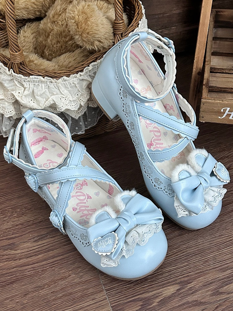 Mary Blue Bow Janes Lolita Decorative Low-heel Hem Scalloped Bear Sweet Ear in Plush PU