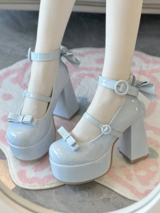 Accents Ring Elegant Buckle High-heels Bow and Polished Lolita Blue Platform with