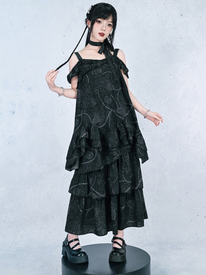 Gothic Black Asymmetrical Three-Tier Skirt with Sea Lily - Quirky Hut