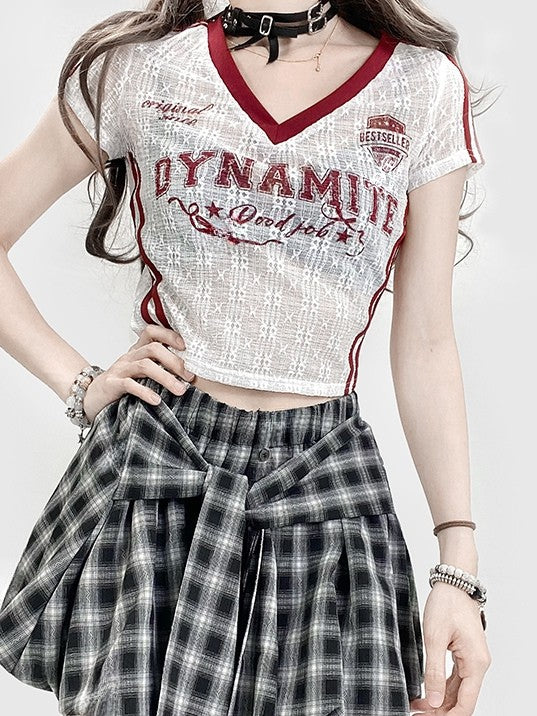 Print Glamorous WhiteRed Letter Lace V-neck T-shirt Y2K