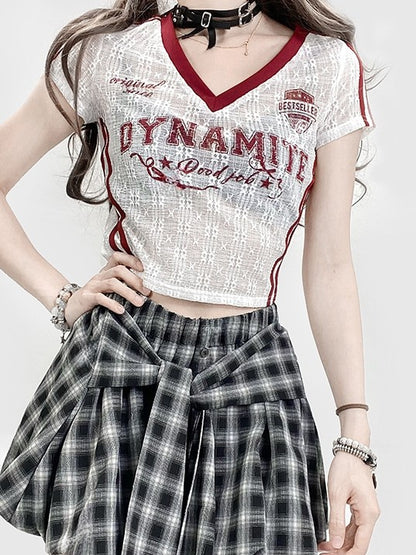 Print Glamorous WhiteRed Letter Lace V-neck T-shirt Y2K