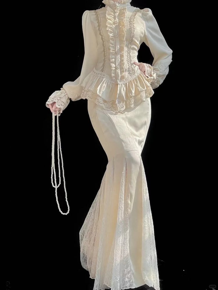 Classic Apricot Elegant Lolita with + Ruffled Set Details Blouse Lace Mermaid Skirt Long Sleeves