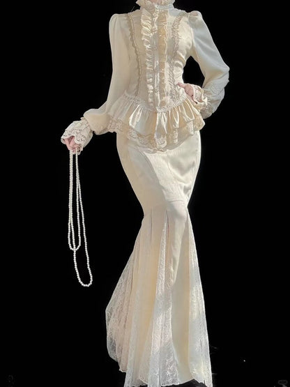 Classic Apricot Elegant Lolita with + Ruffled Set Details Blouse Lace Mermaid Skirt Long Sleeves