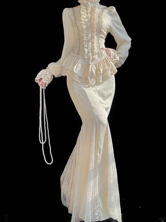 Classic Apricot Elegant Lolita with + Ruffled Set Details Blouse Lace Mermaid Skirt Long Sleeves