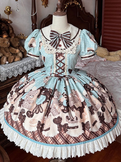 Green Sweet Print Desserts Teddy Mint Dress Lolita Chocolate and