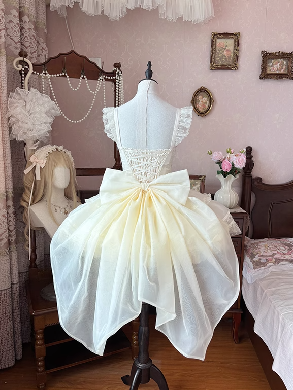 Beige Flutter Sleeves Bowknots Dress Bodice JSK on Balletcore Sweet Lolita Puffy