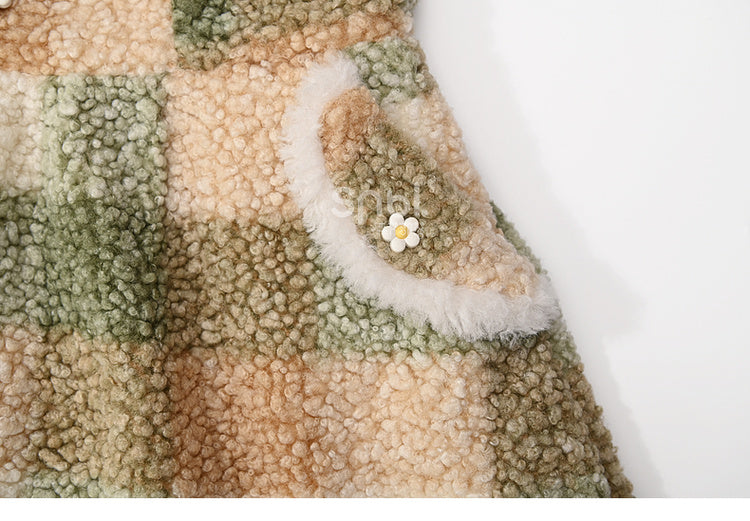 Green Floral Button Details Lace Trim Plaid Fleece Overall Dress with Pockets