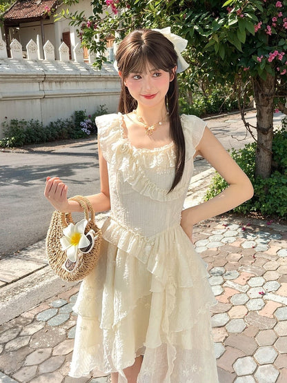 Tonal Beige Rüschen Ausschnitt Asymmetrische Urlaub Ärmelloses Kleid Saum Floral Stickerei