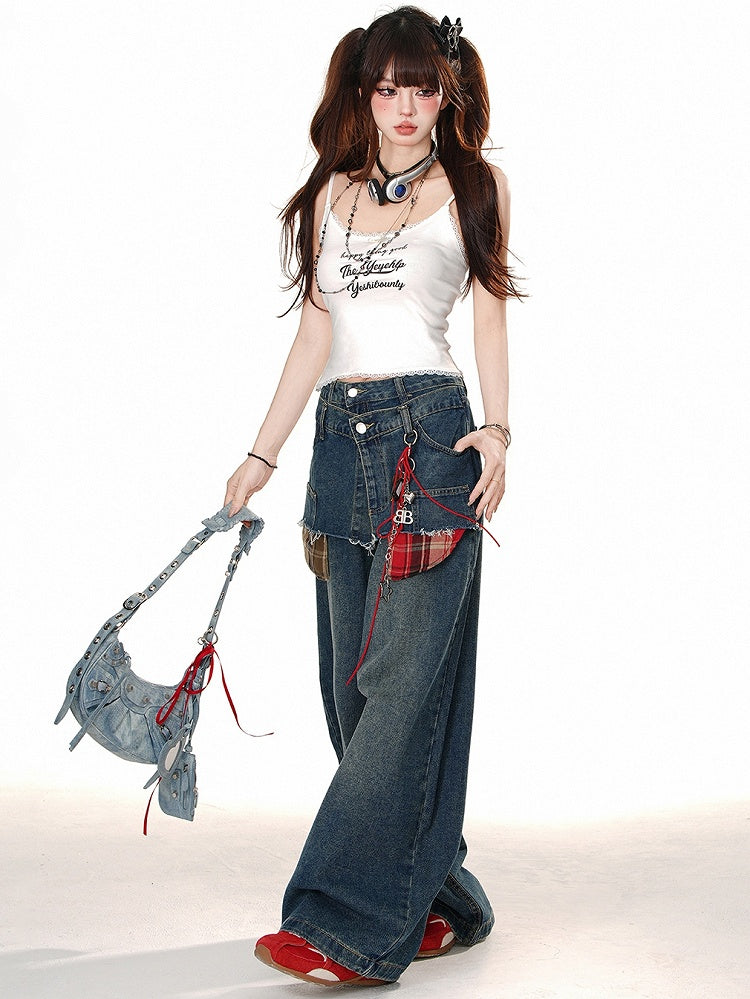 Blaue Jeans mit weitem Bein und Fake-Zweiteiler-Design