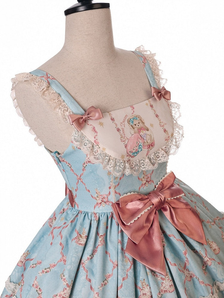 Blue and Pink Sweetheart Doll-Themed Lolita JSK with Toy Bed Print, Bow and Lace Accents - Alice Girl