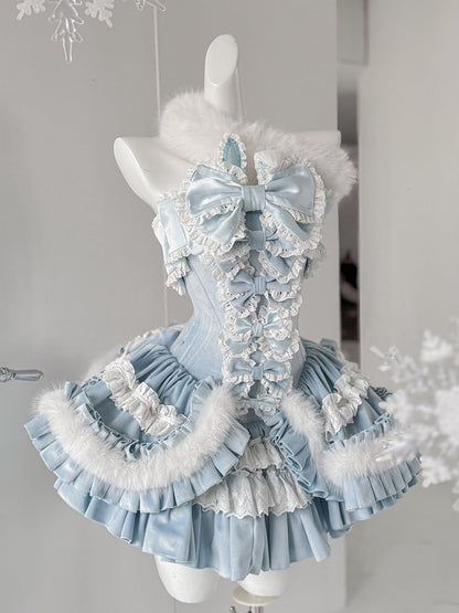 Blue Bunny Ears Bowknot Bodice Layered Skirt Boning Dress + Cropped Cape Top Set