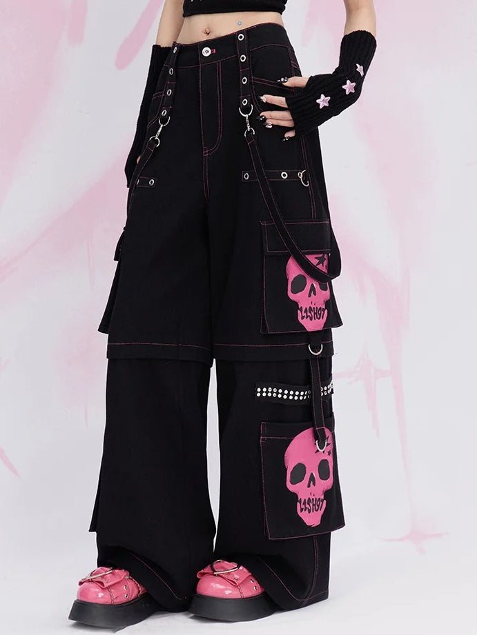 Y2K Black Skeleton Cargo Pockets Straps Design Wide-leg Cut Jeans