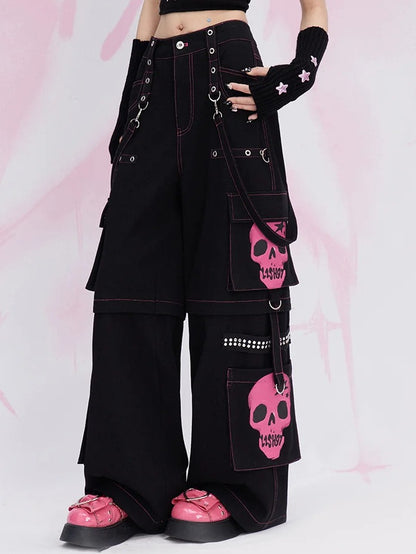 Y2K Black Skeleton Cargo Pockets Straps Design Wide-leg Cut Jeans