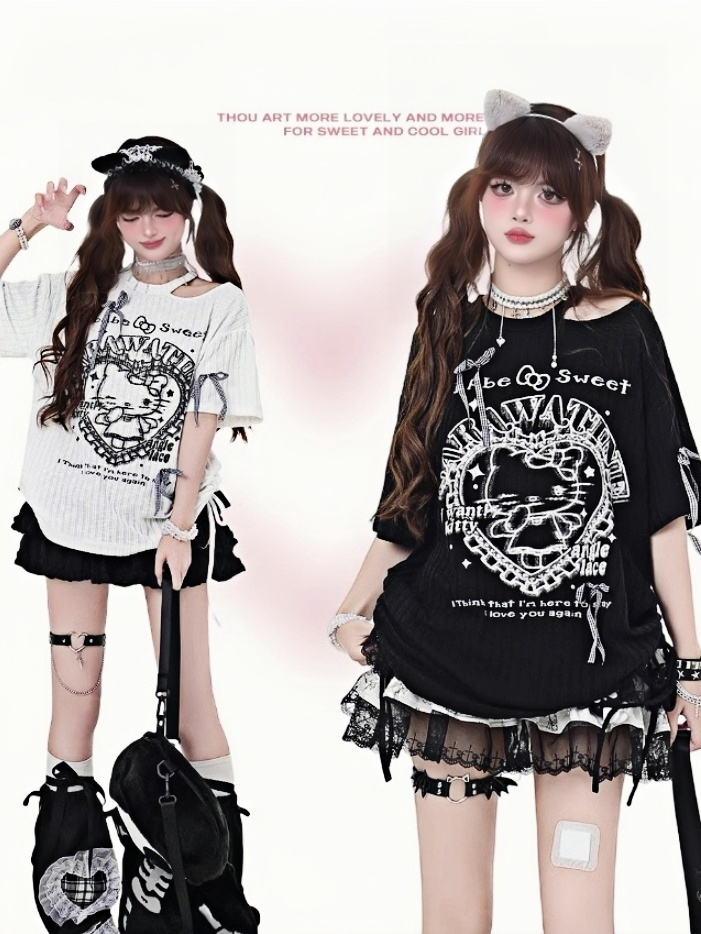 カットアウト Y2K ブラック/ホワイト ラウンドウエスト ネックディテール Tシャツ キティプリント ドローストリング