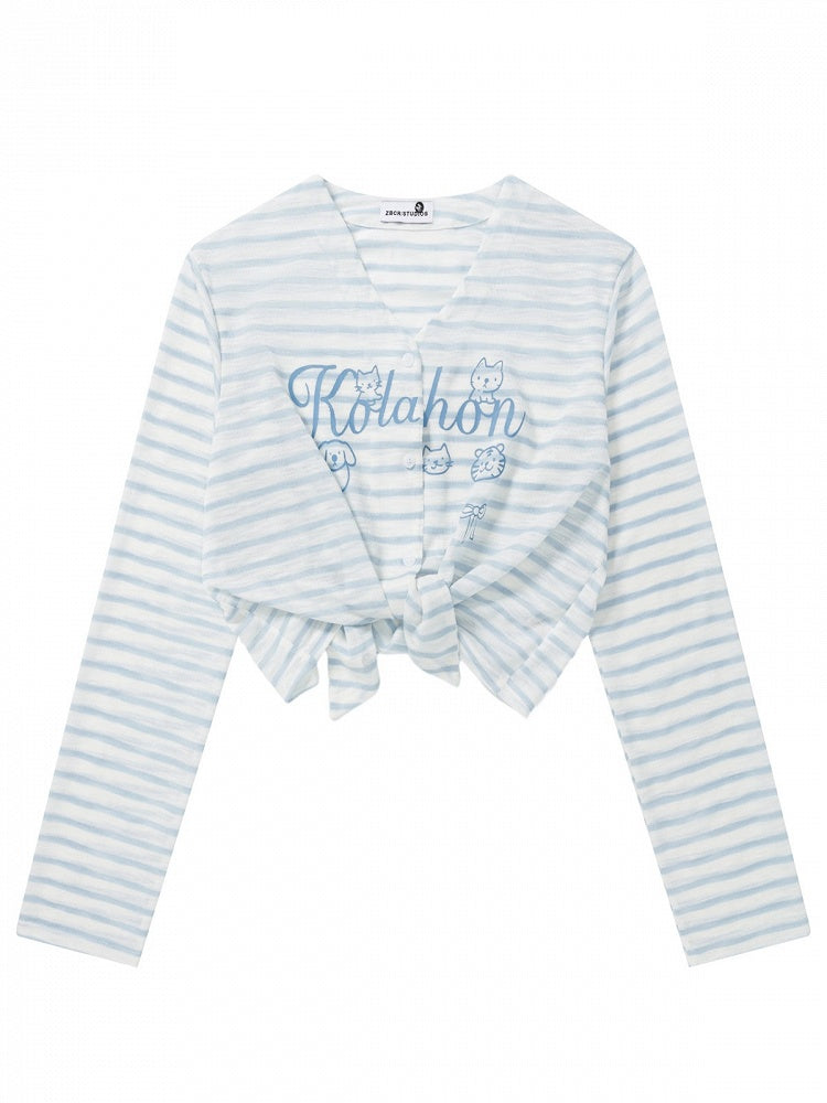Blue Striped V-Neck Long-Sleeve Top with Animal Print - Languid Park