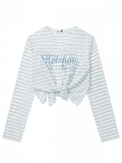 Blue Striped V-Neck Long-Sleeve Top with Animal Print - Languid Park