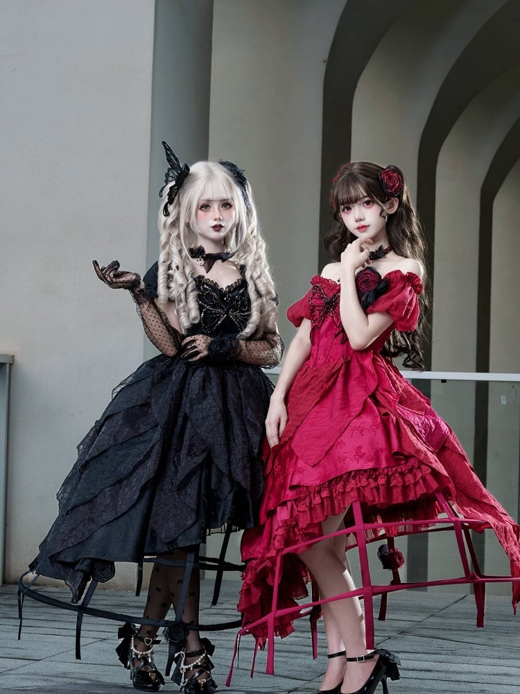 Red Butterfly Rhinestone Detail Puff Sleeve Lolita Top and Asymmetrical Hem Skirt Set - Sweet Wood Lolita