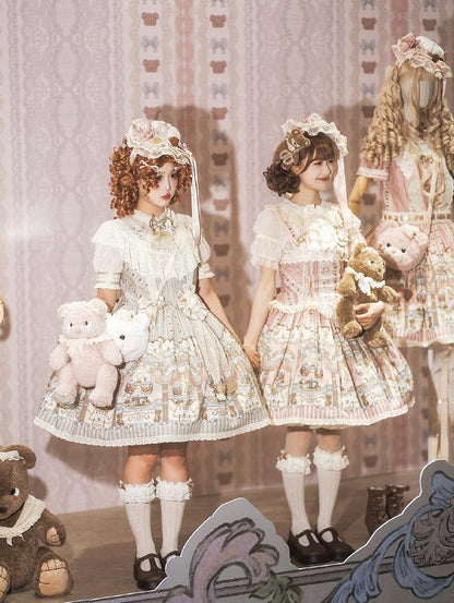 Dress with Sweet Accents Green Bow Bear Lace-Trimmed Lolita Printed